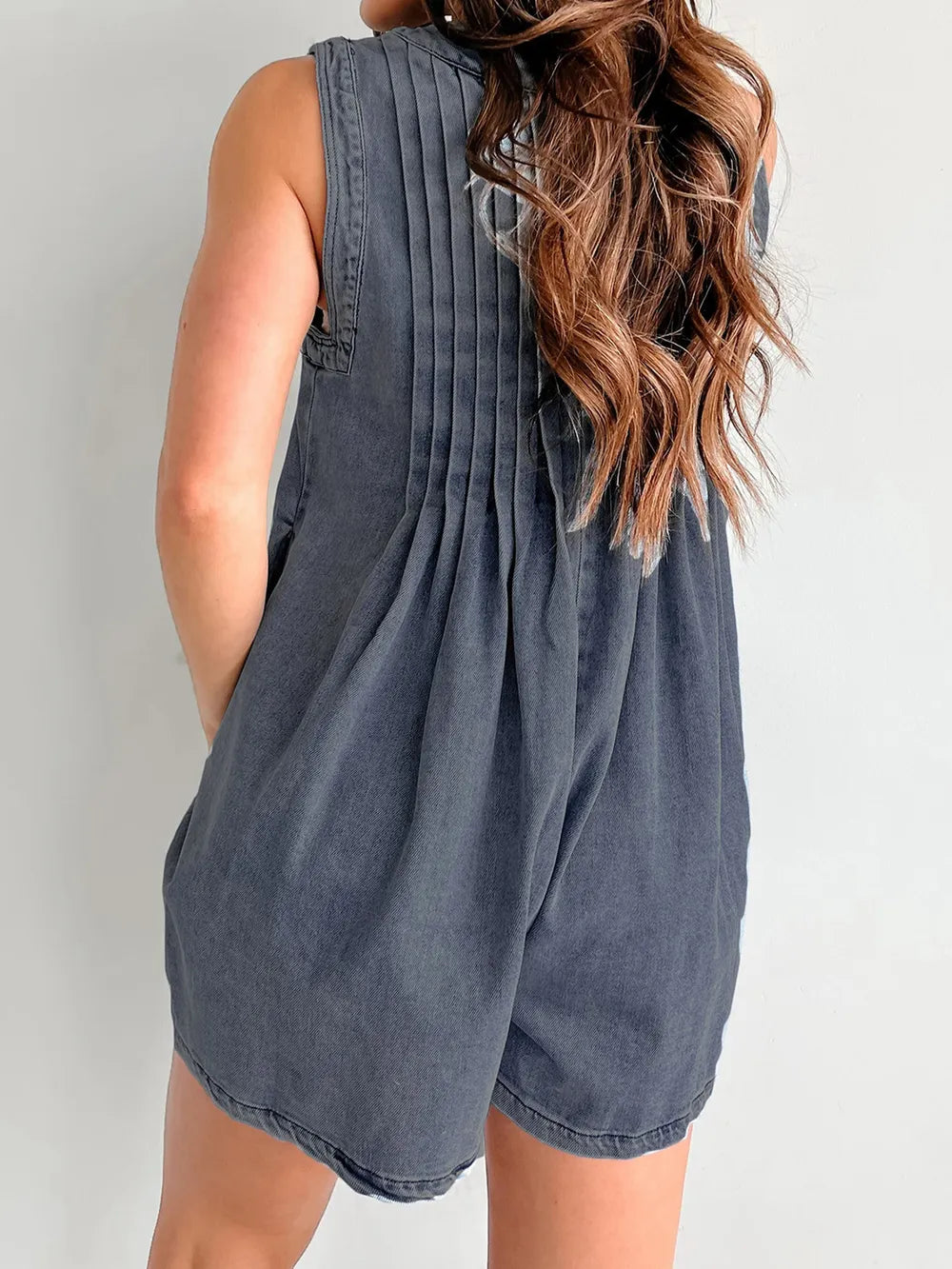 Dark Grey Faded Denim Tied Romper with Pockets Rear view