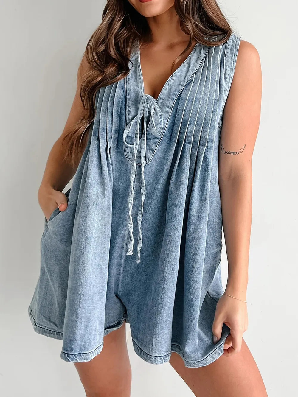 Faded Blue Denim Tied Romper with Pockets