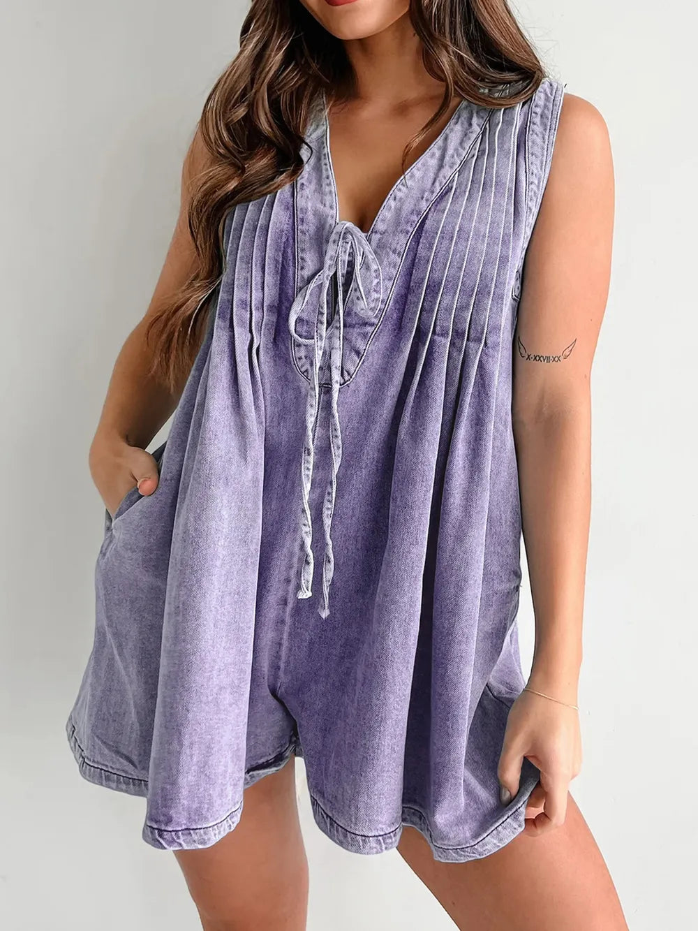 Lilac Faded Denim Tied Romper with Pockets Front view