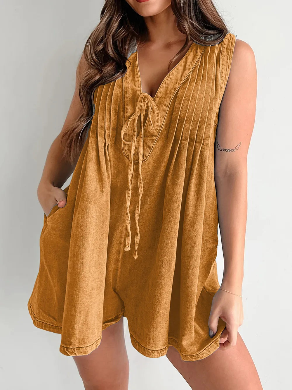 Mustard Faded Denim Tied Romper with Pockets Front view