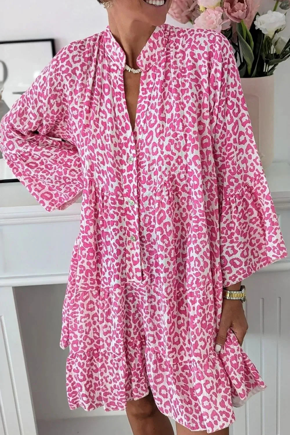 Pink Leopard Notched Long Sleeve Shirt Dress