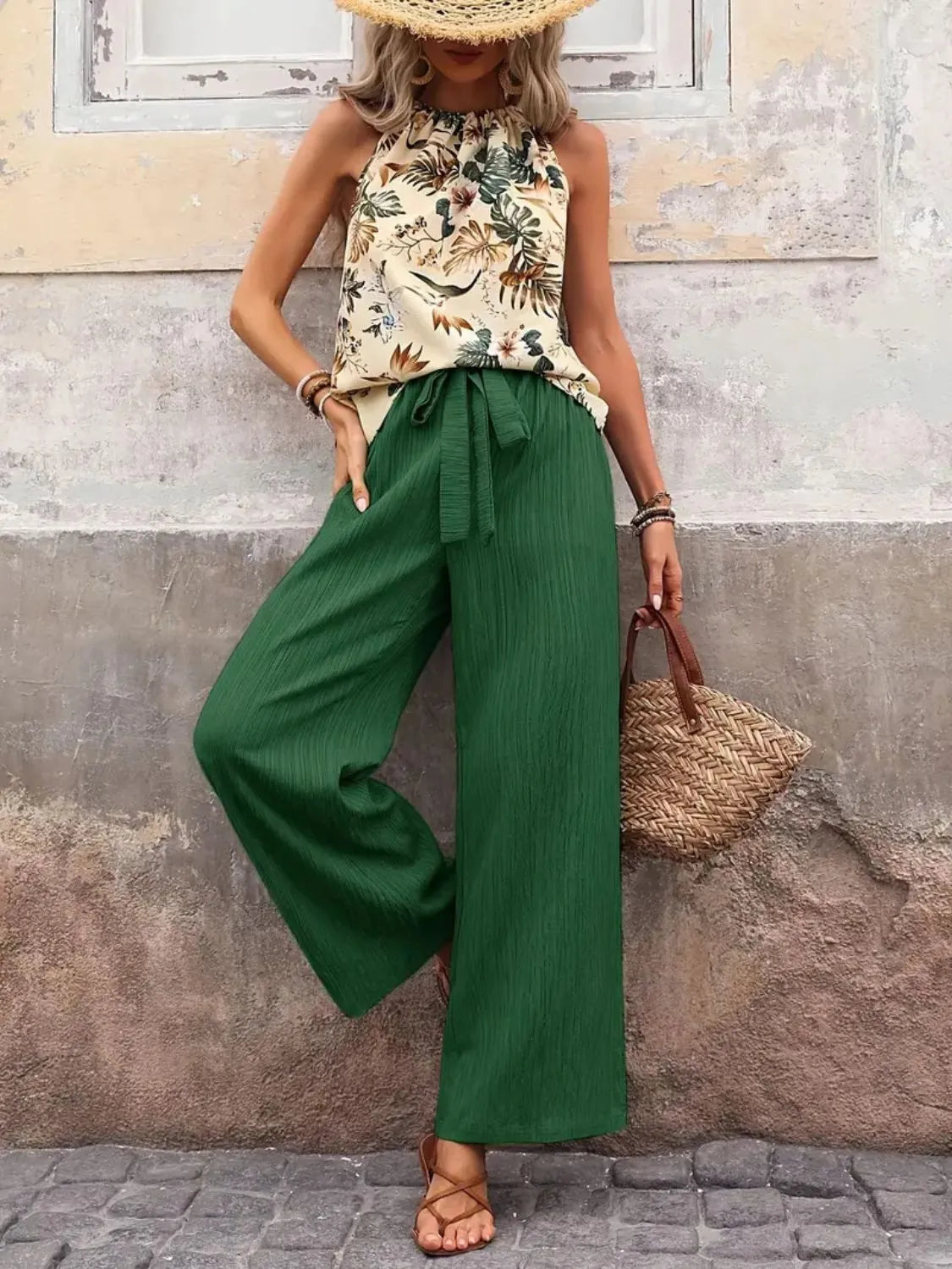 Printed Tank Top and Wide Leg Green Pants Set