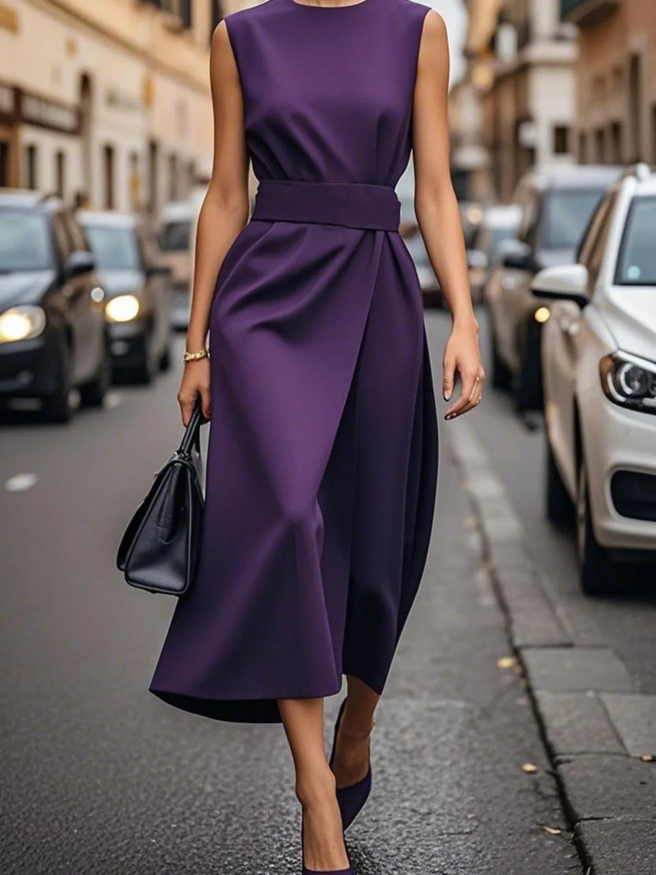 Round Neck Sleeveless Midi Sheath Dress Purple