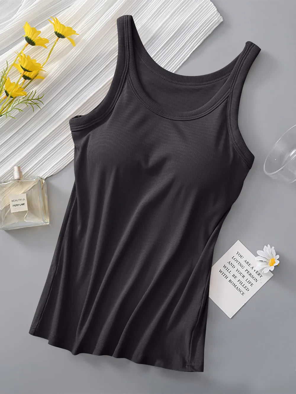 Round Neck Tank with Bra in black