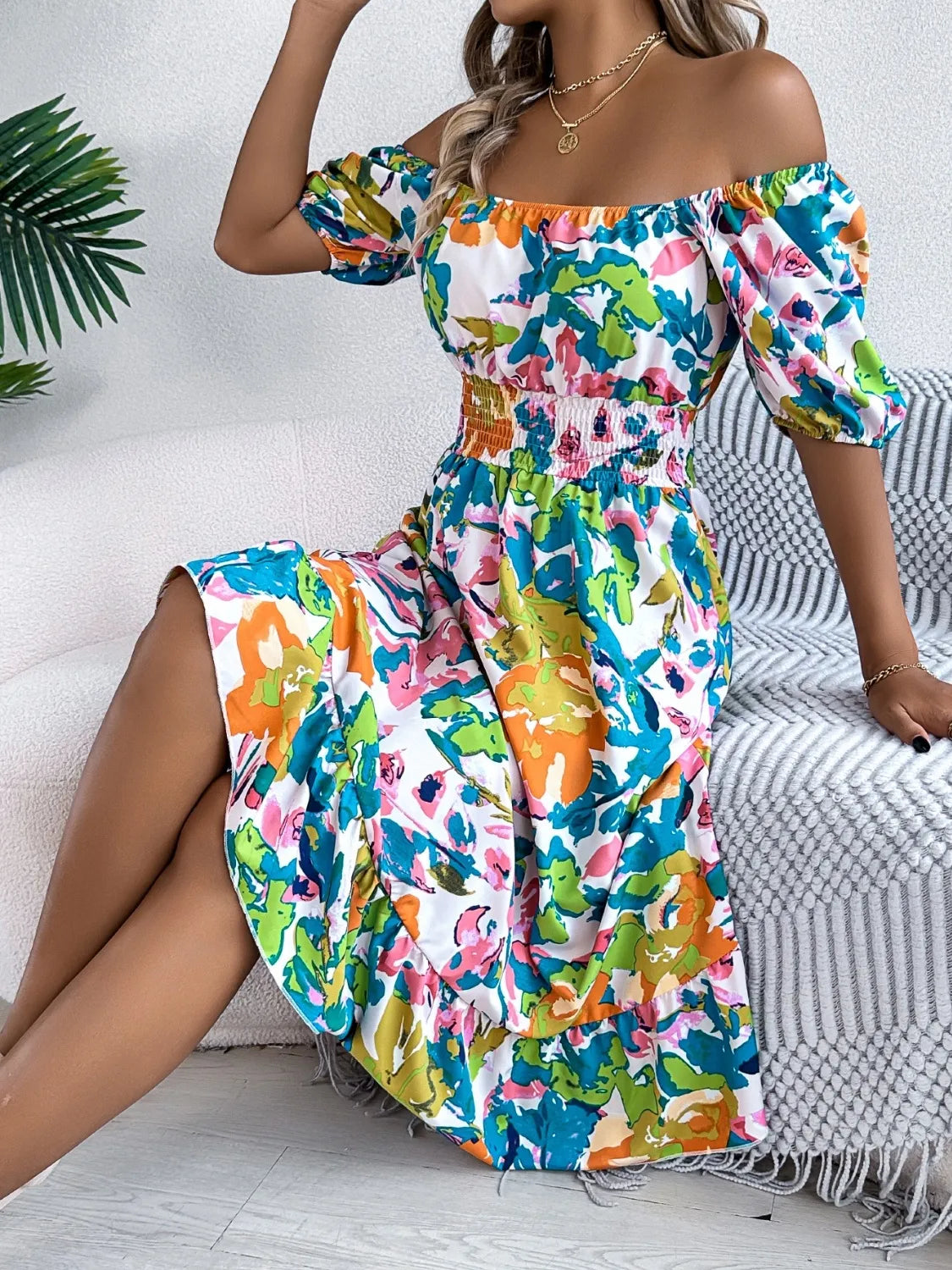 Ruffled Hem Smocked Floral Short Sleeve Midi Dress blue multi color