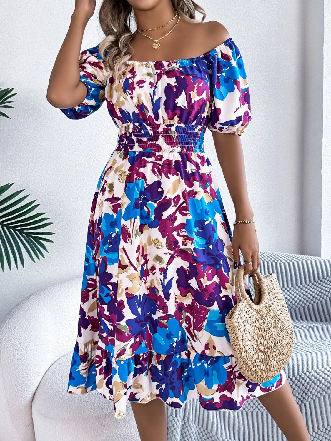 Ruffled Hem Smocked Floral Short Sleeve Midi Dress blue purple multi color