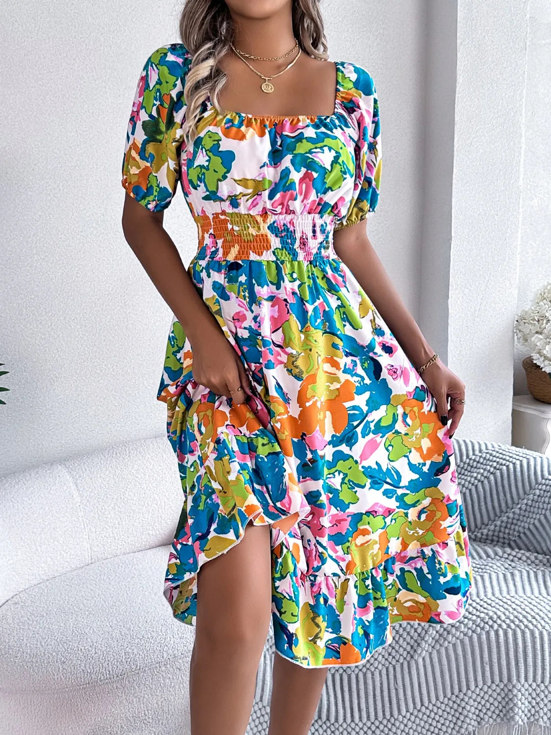 Ruffled Hem Smocked Floral Short Sleeve Midi Dress green multi color