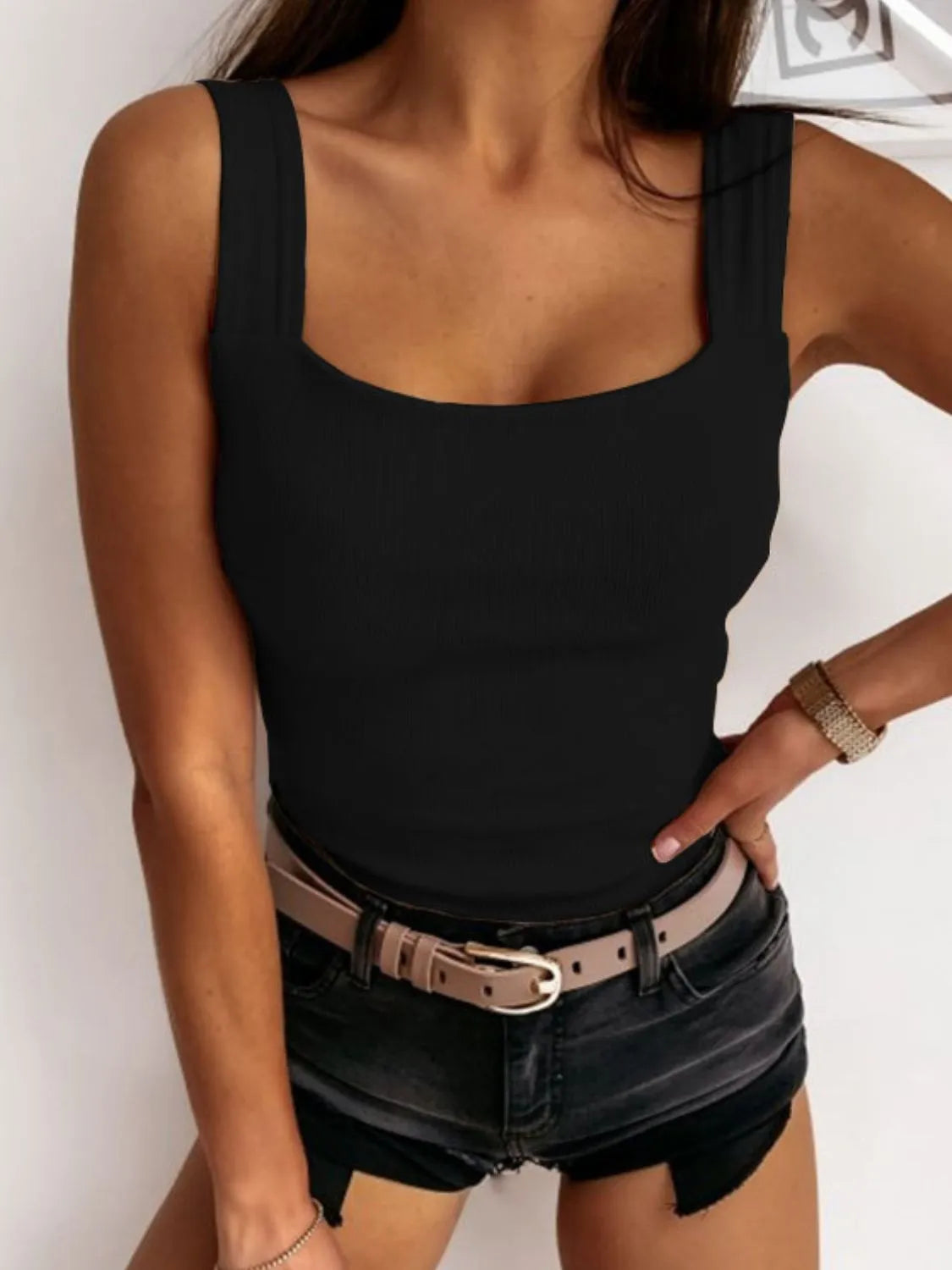 Square Neck Wide Strap Tank in Black