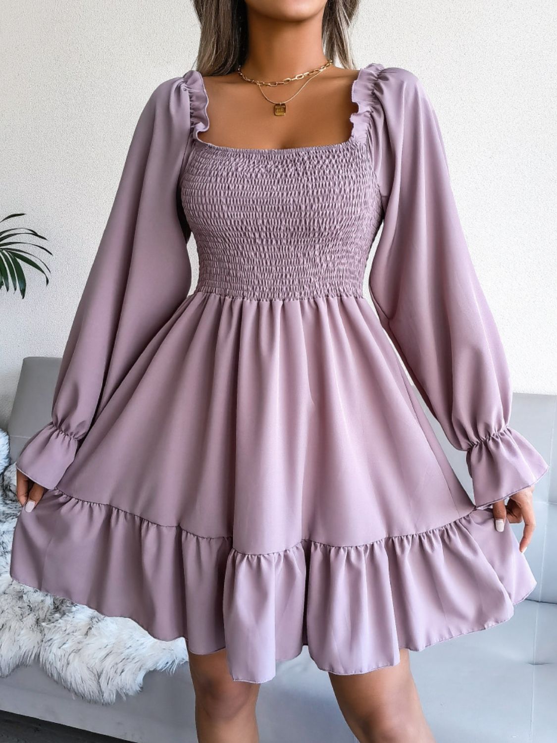 Smocked Flounce Sleeve Square Neck Dress in Lilac