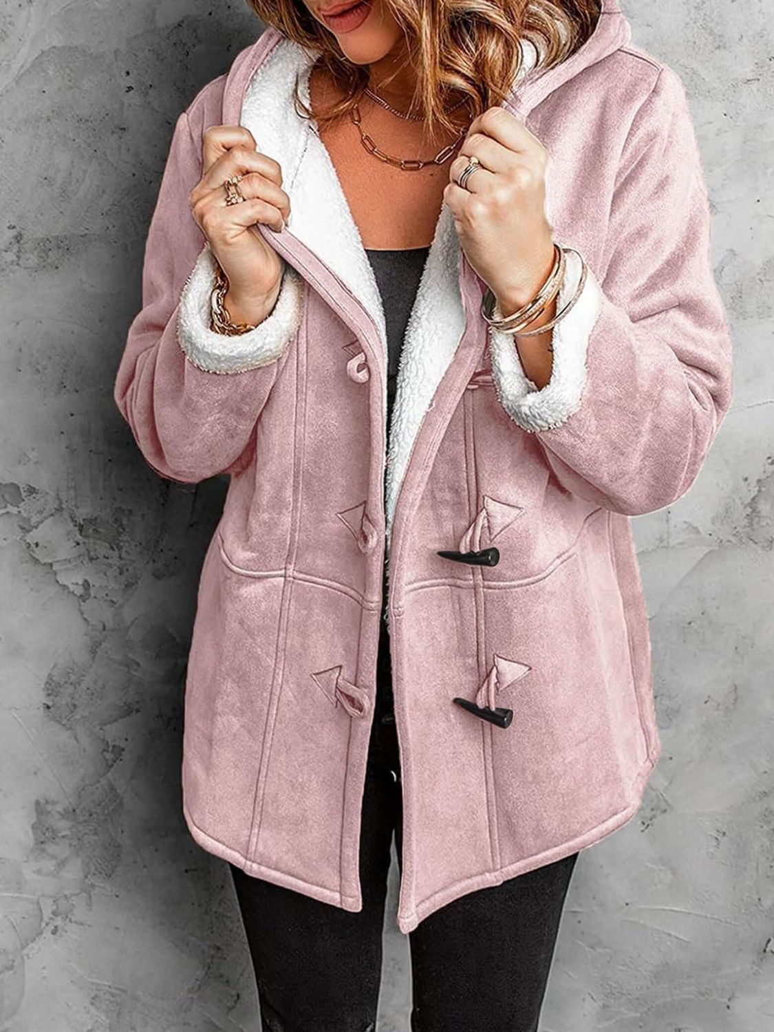 Pocketed Long Sleeve Hooded Jacket with Toggle Buttoning