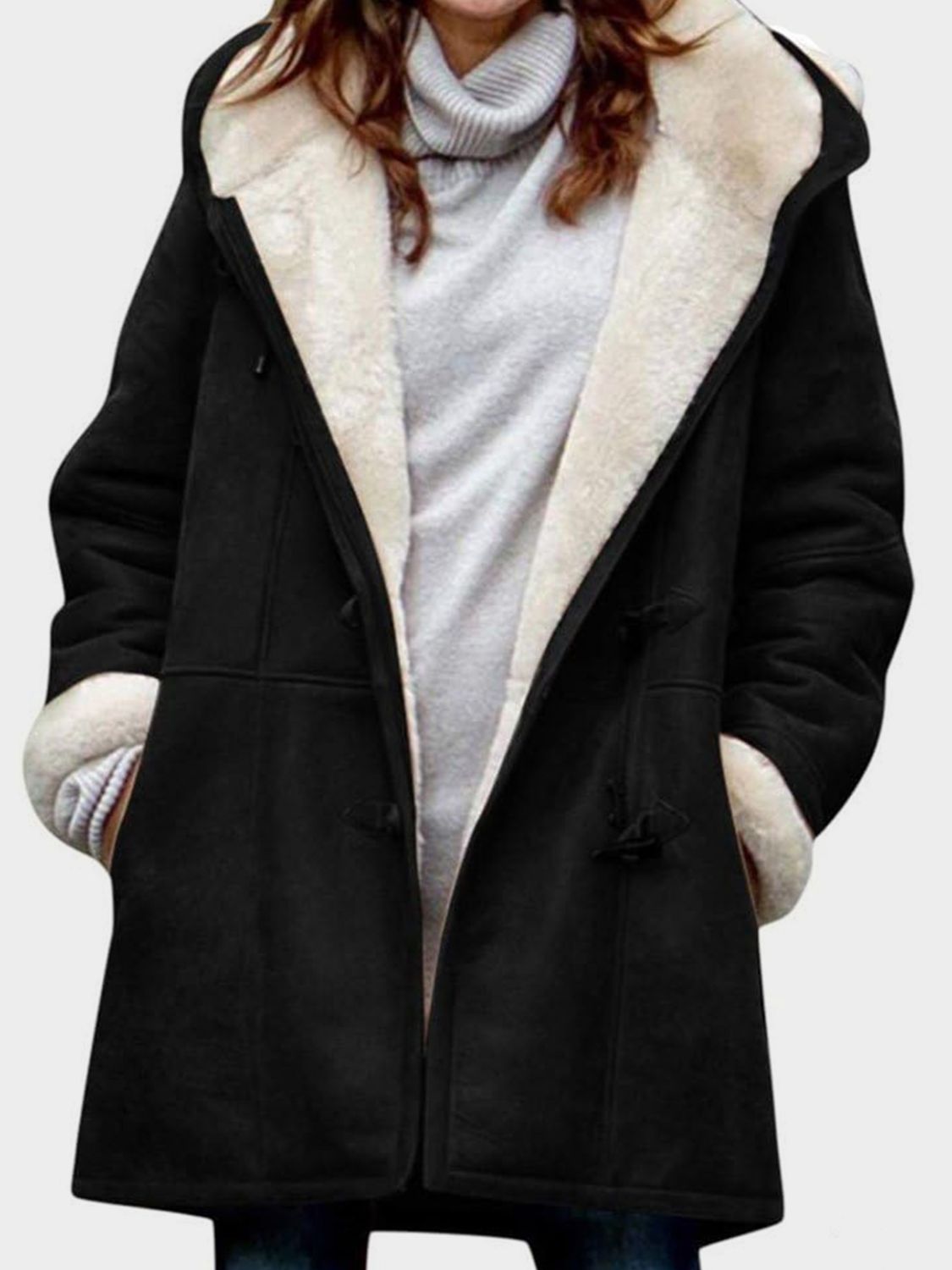 Pocketed Long Sleeve Hooded Jacket with Toggle Buttoning