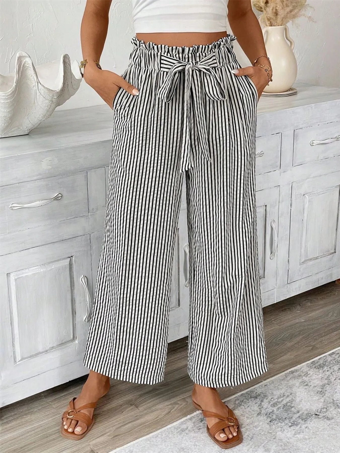 Full Size Striped Wide Leg Paper Bag Pants Plus Size black stripes
