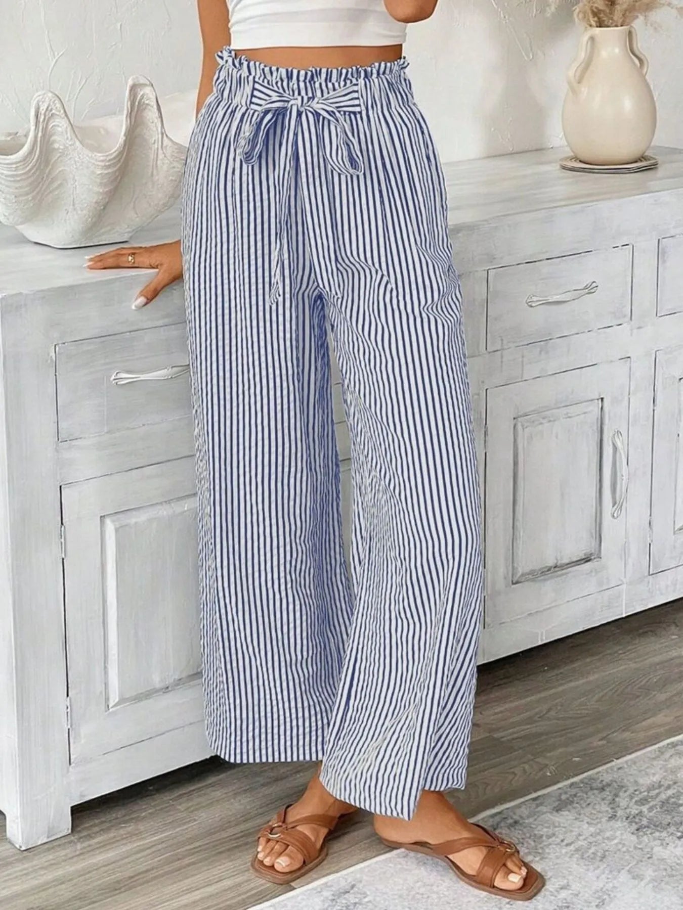 Full Size Striped Wide Leg Paper Bag Pants Plus Size blue stripes