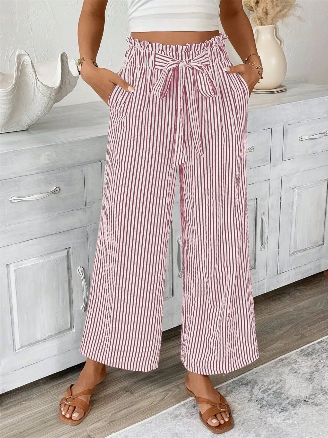 Full Size Striped Wide Leg Paper Bag Pants Plus Size red stripes