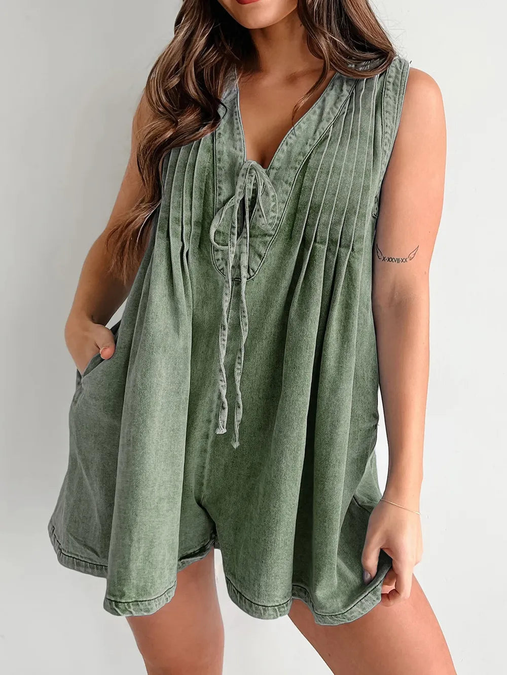 Olive Green Faded Denim Tied Romper with Pockets Front view