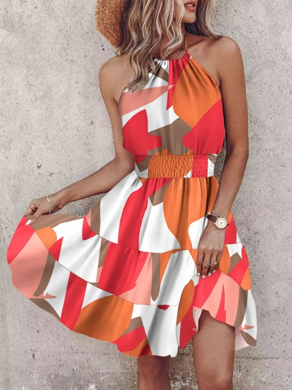 Orange Pink WHite and Tan Summer Dress