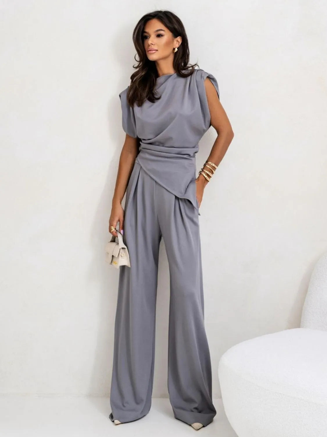 Slit Ruched Top and Wide Leg Pants Set in Light Gray