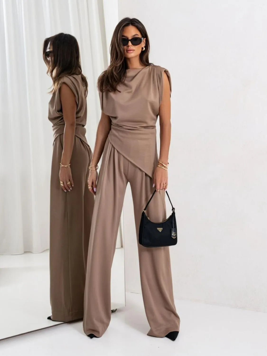 Slit Ruched Top and Wide Leg Pants Set in Tan