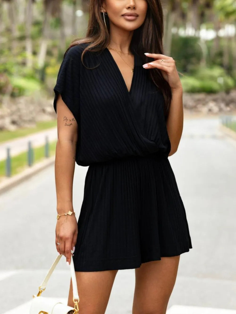 Surplice Short Sleeve Romper in black
