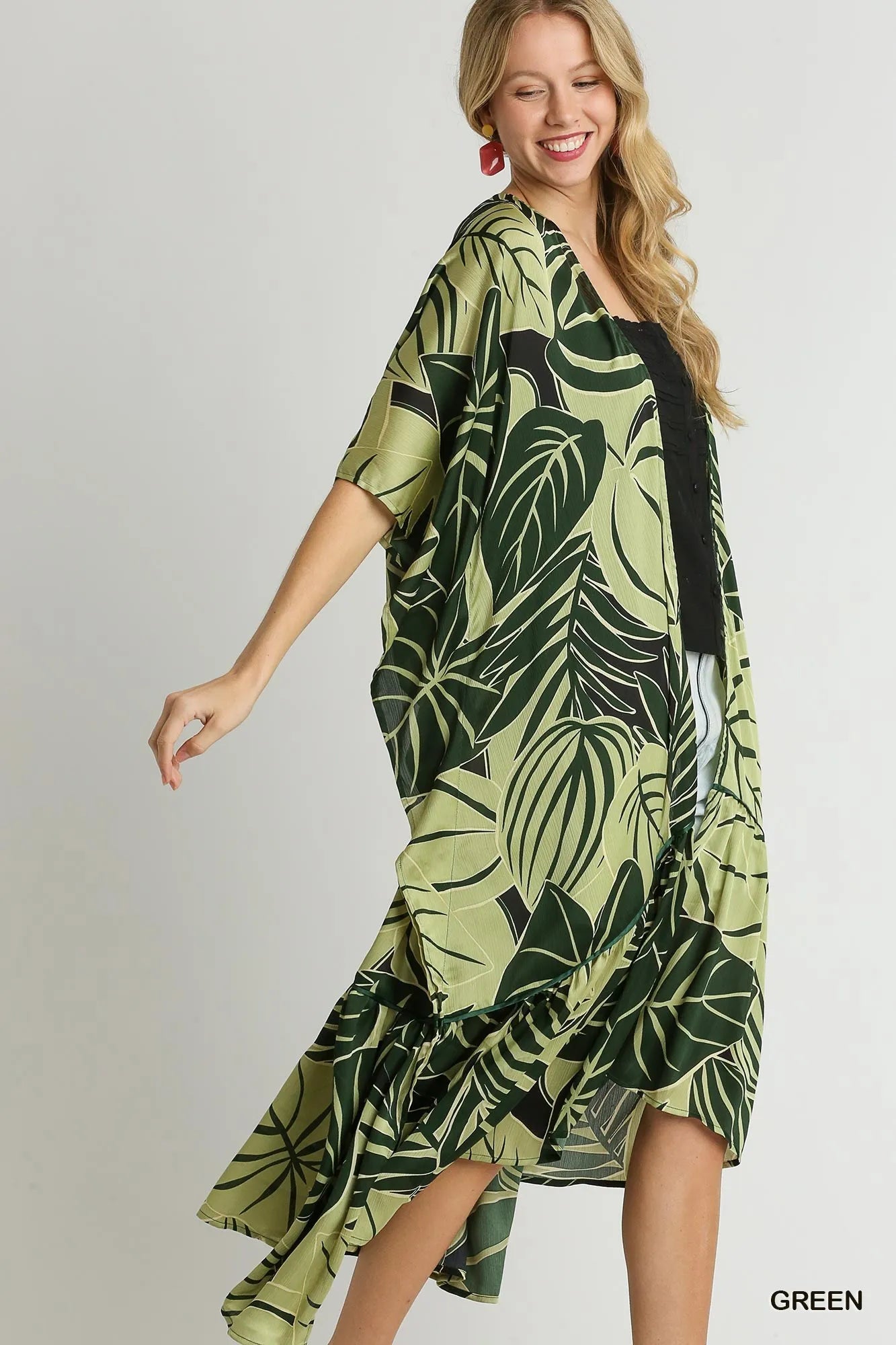 Umgee Satin Tropical Plant Print Open Front Kimono with Ruffle Details