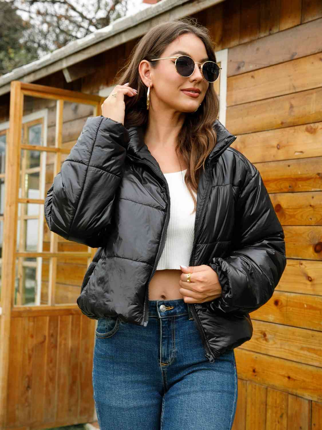 Zip-Up High Neck Puffer Faux Leather Jacket