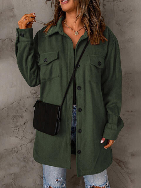 Drop Shoulder Button Down Collared Longline Shacket Coat