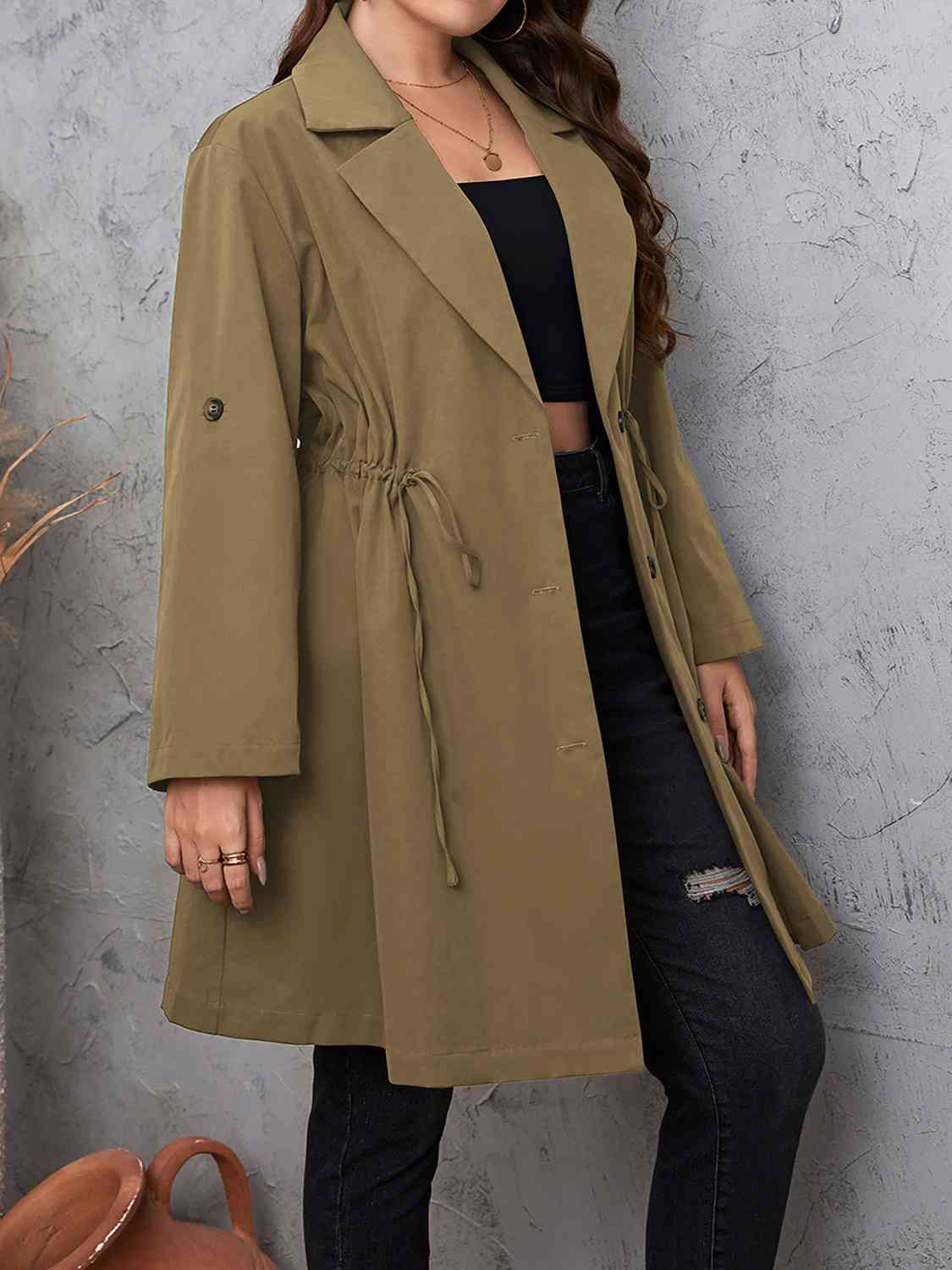 Plus Size Lapel Collar Drawstring Roll-Tab Sleeve Trench Coat