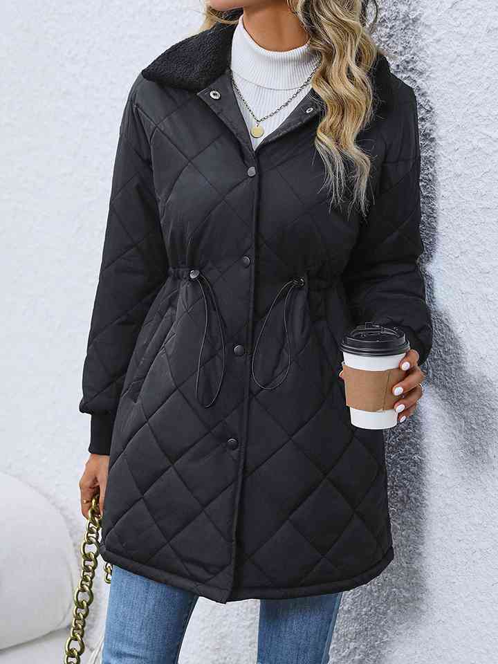 Black Drawstring Waist Longline Puffer Winter Coat