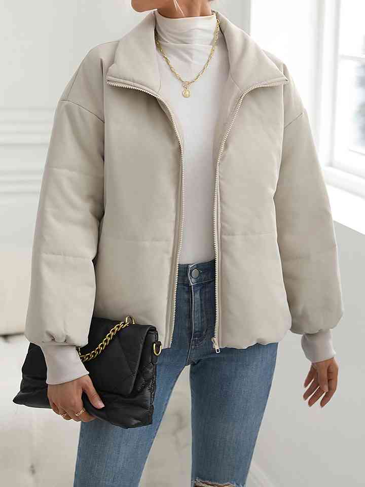 Cream Zip-Up Drop Shoulder Puffer Jacket