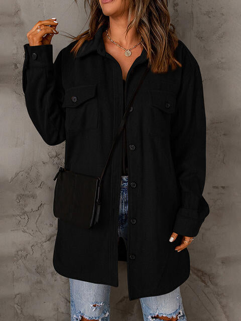 Drop Shoulder Button Down Collared Longline Shacket Coat