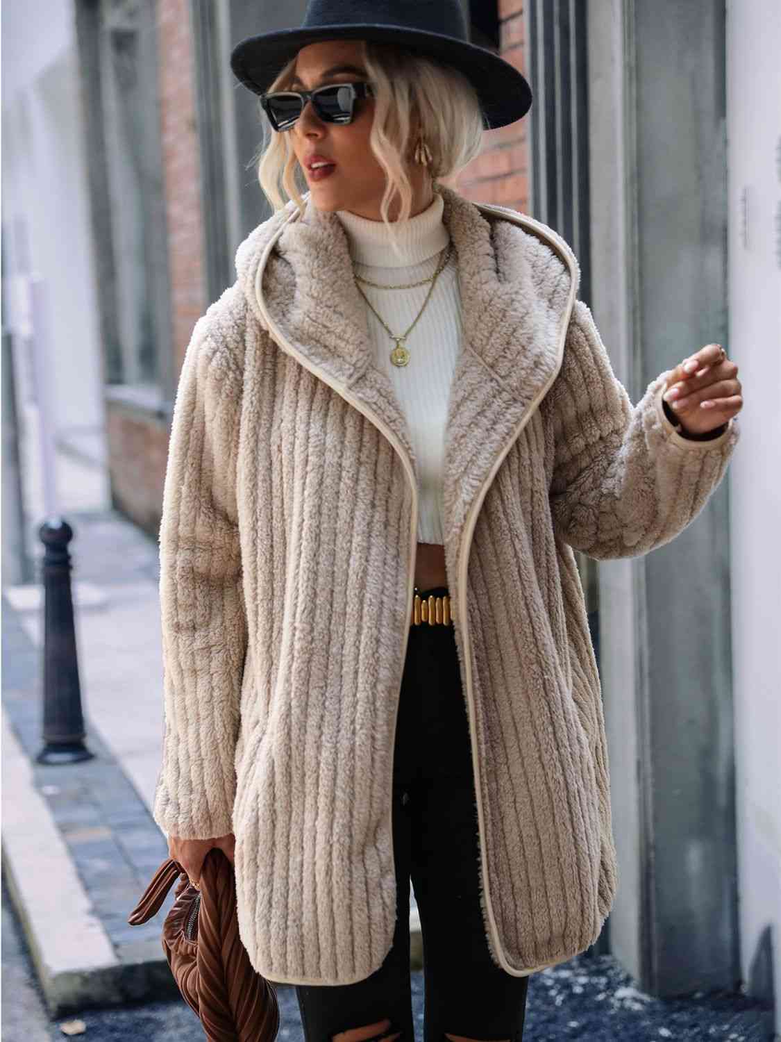 Open Front Ribbed Hooded Sweater Cardigan Coat