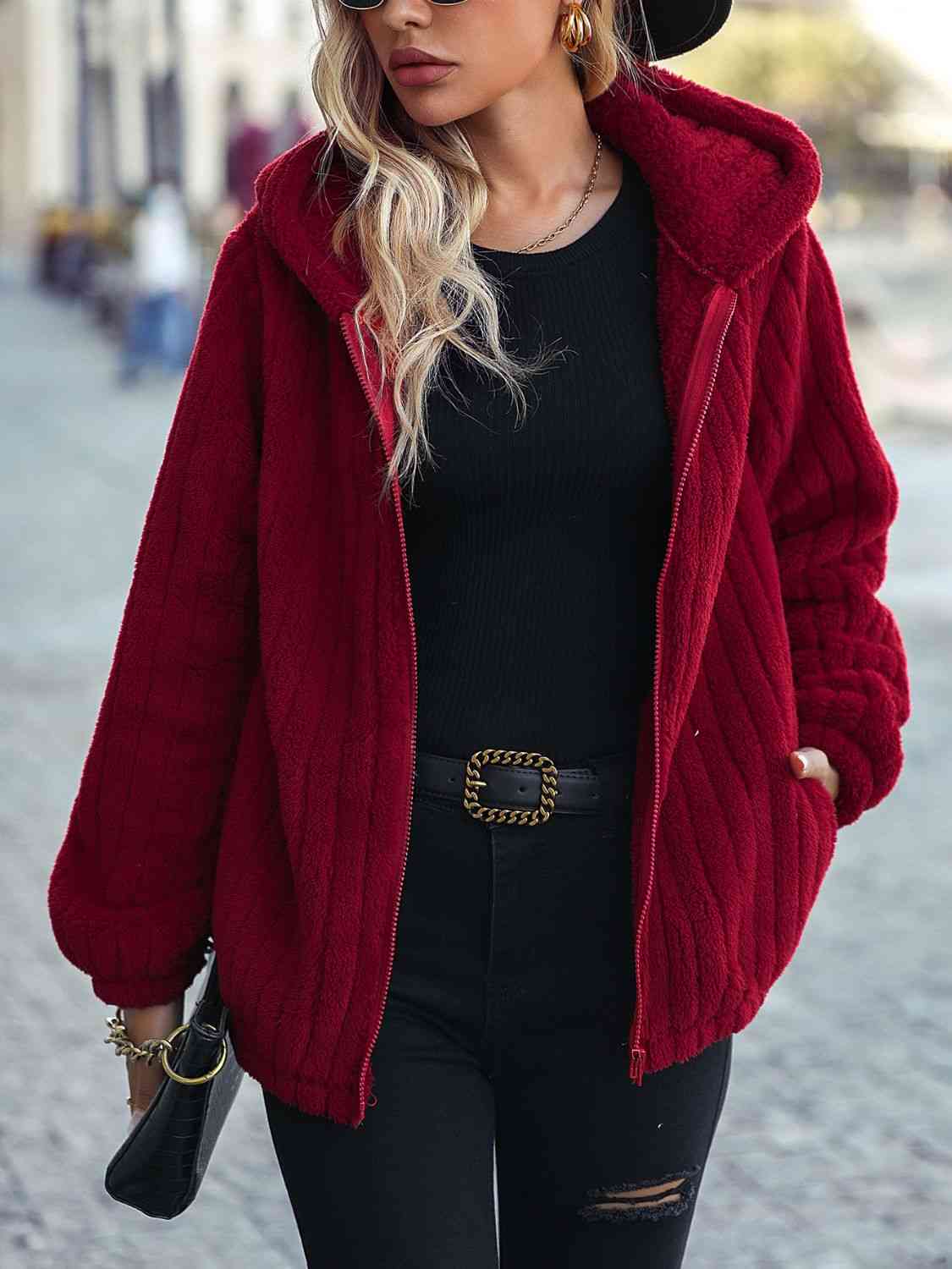 Deep Red or wine-colored Zip-Up Hooded Jacket with Pockets 