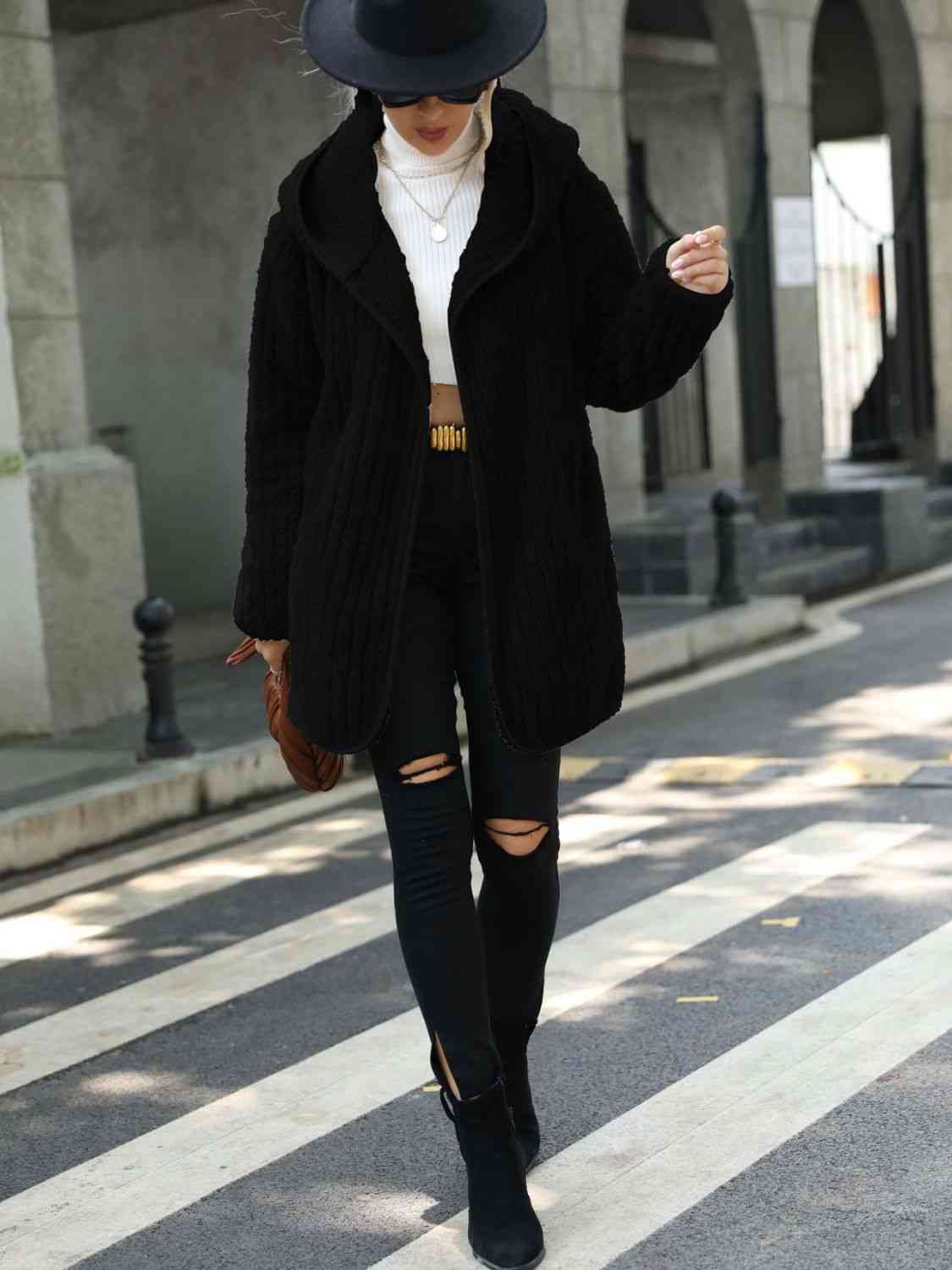 Open Front Ribbed Hooded Sweater Cardigan Coat