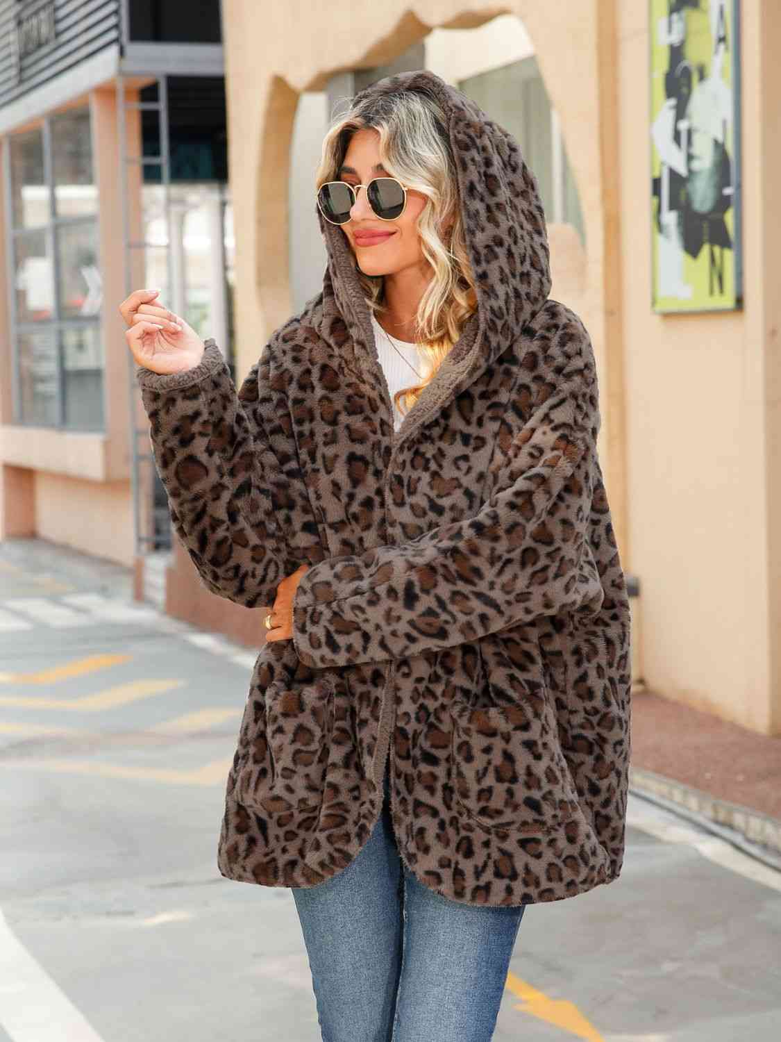 Leopard Hooded Sherpa Coat with Pockets