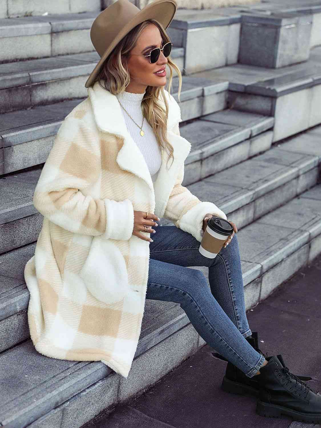 Plaid Button Down Long Sherpa Coat with Pockets