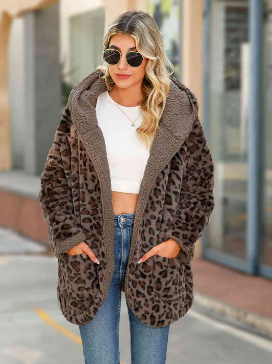 Leopard Hooded Sherpa Coat with Pockets