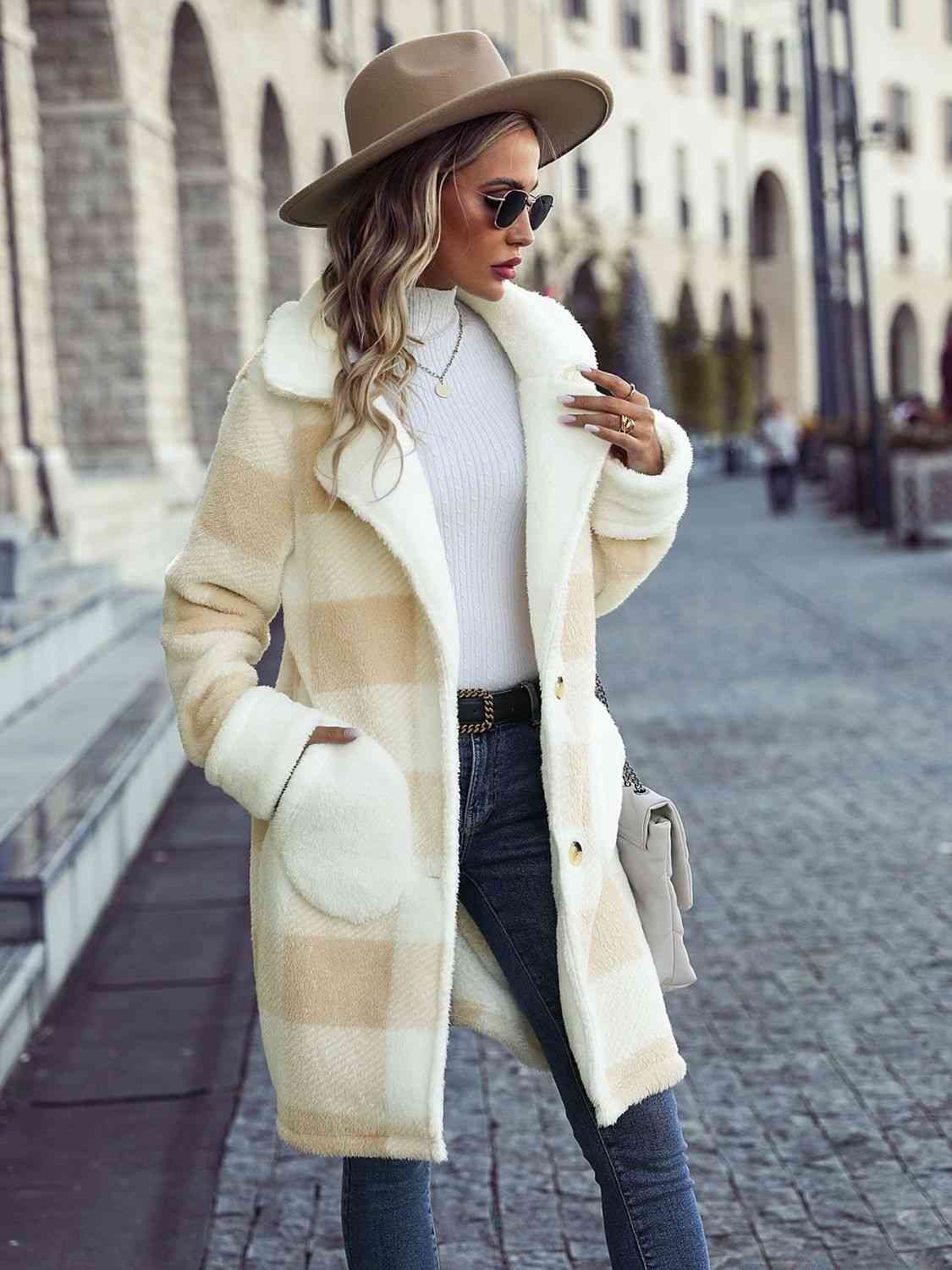 Plaid Button Down Long Sherpa Coat with Pockets