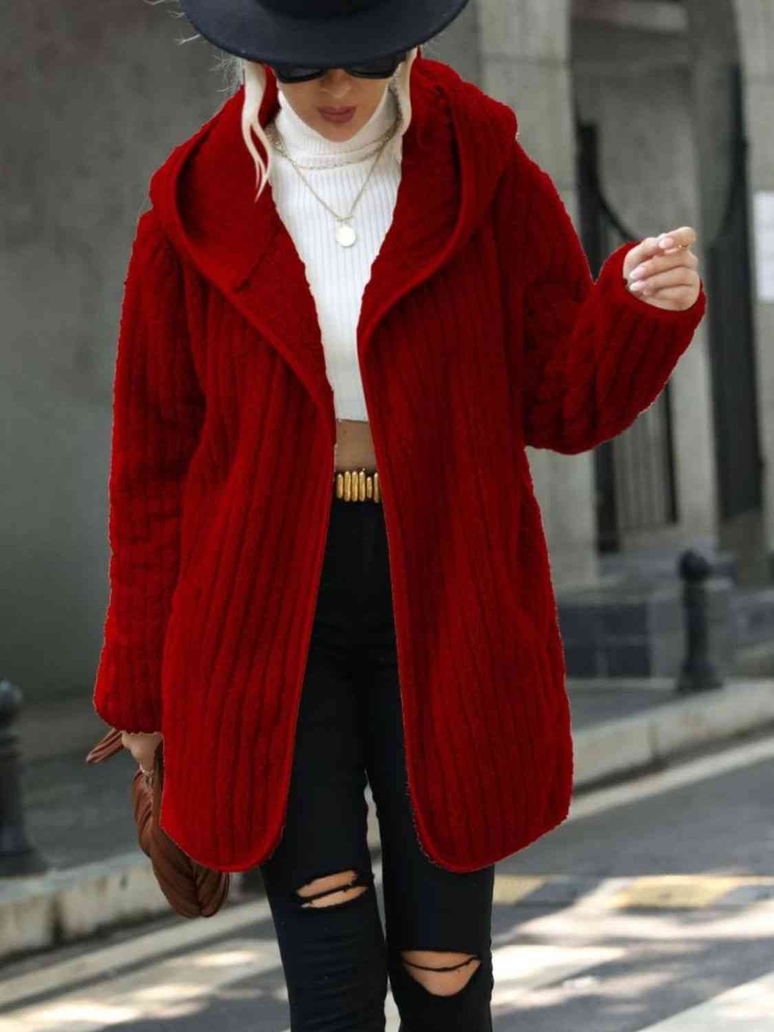 Open Front Ribbed Hooded Sweater Cardigan Coat