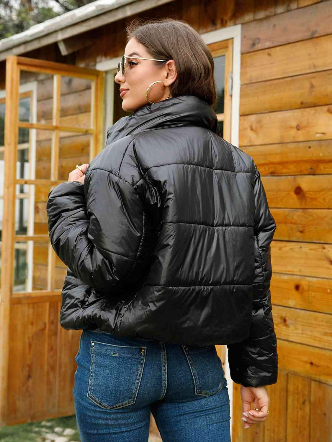 Zip-Up High Neck Puffer Faux Leather Jacket