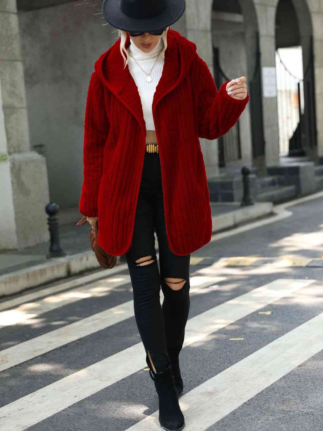 Open Front Ribbed Hooded Sweater Cardigan Coat