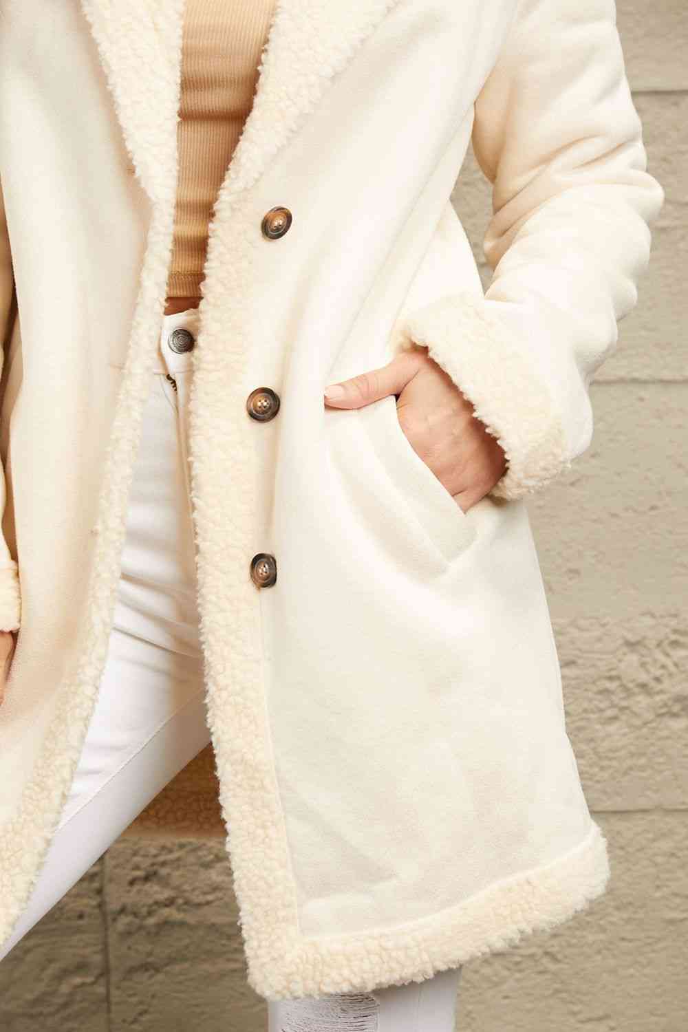 Double Take Lapel Collar Teddy Lining Button Down Longline Shacket Coat