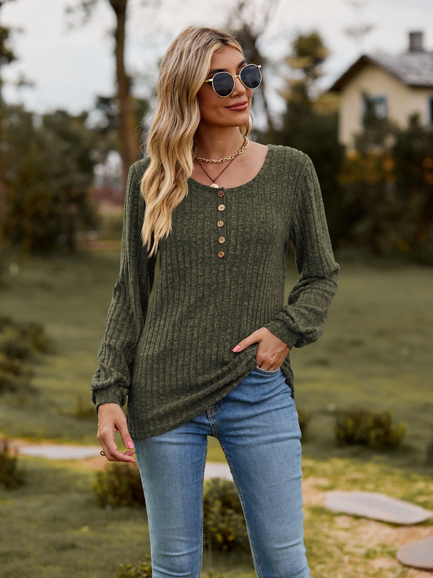 Round Neck Button-Down Long Sleeve Tee