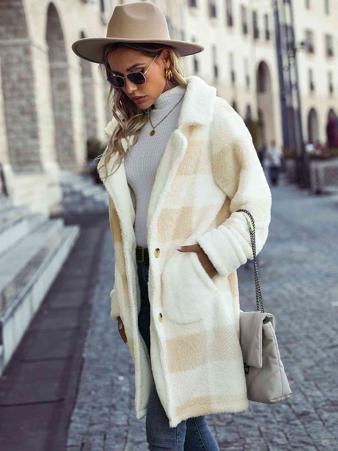 Plaid Button Down Long Sherpa Coat with Pockets