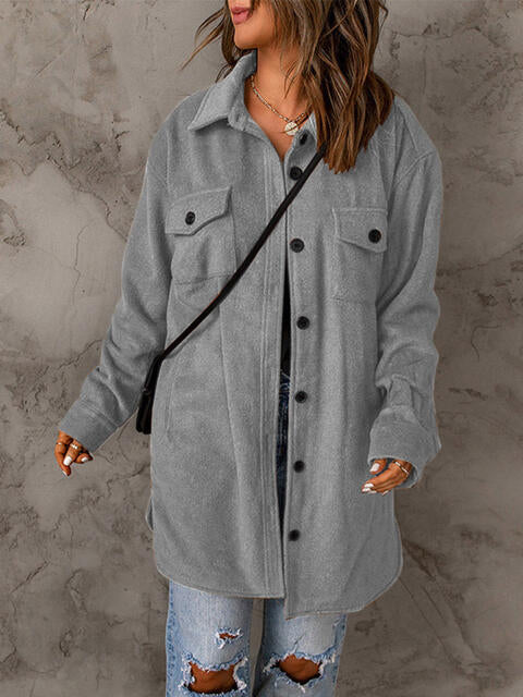 Drop Shoulder Button Down Collared Longline Shacket Coat