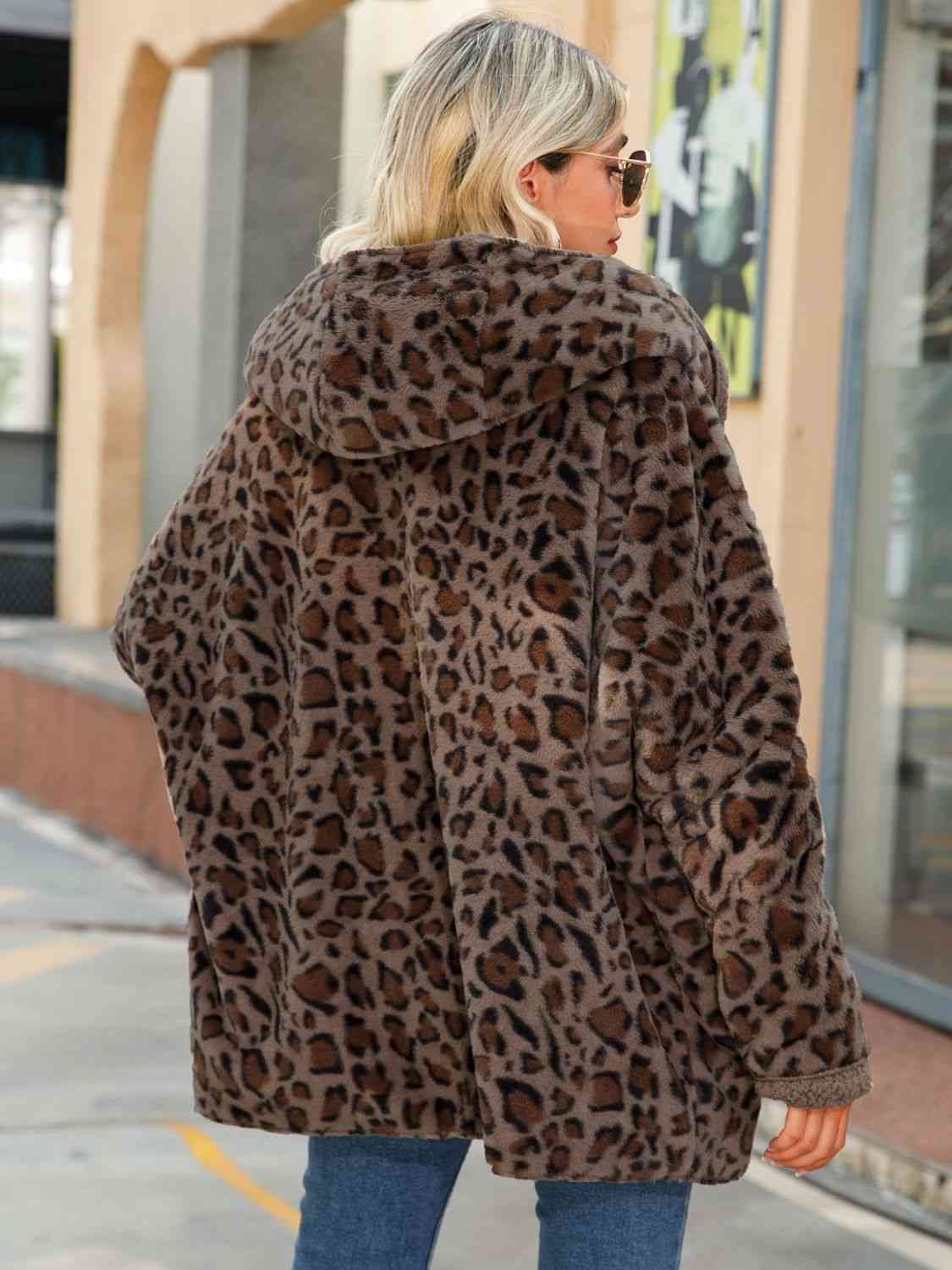 Leopard Hooded Sherpa Coat with Pockets