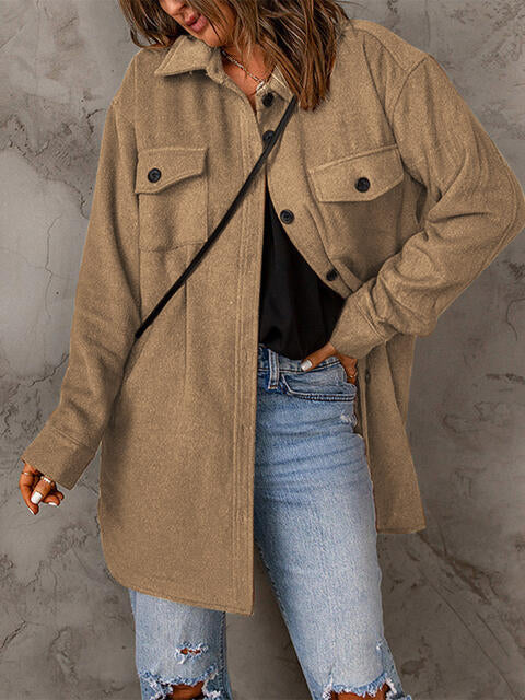 Drop Shoulder Button Down Collared Longline Shacket Coat