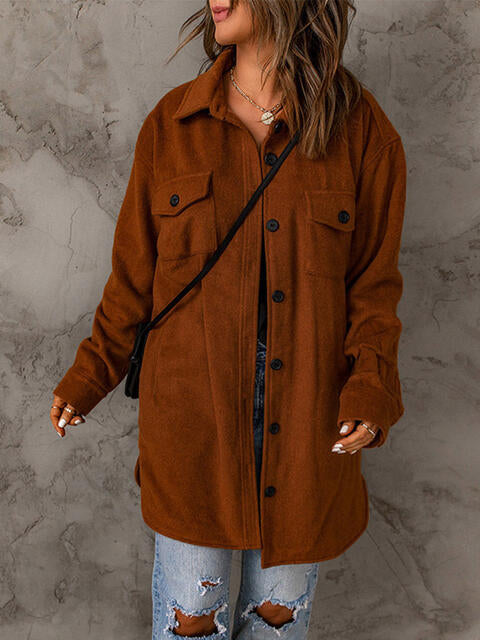 Drop Shoulder Button Down Collared Longline Shacket Coat