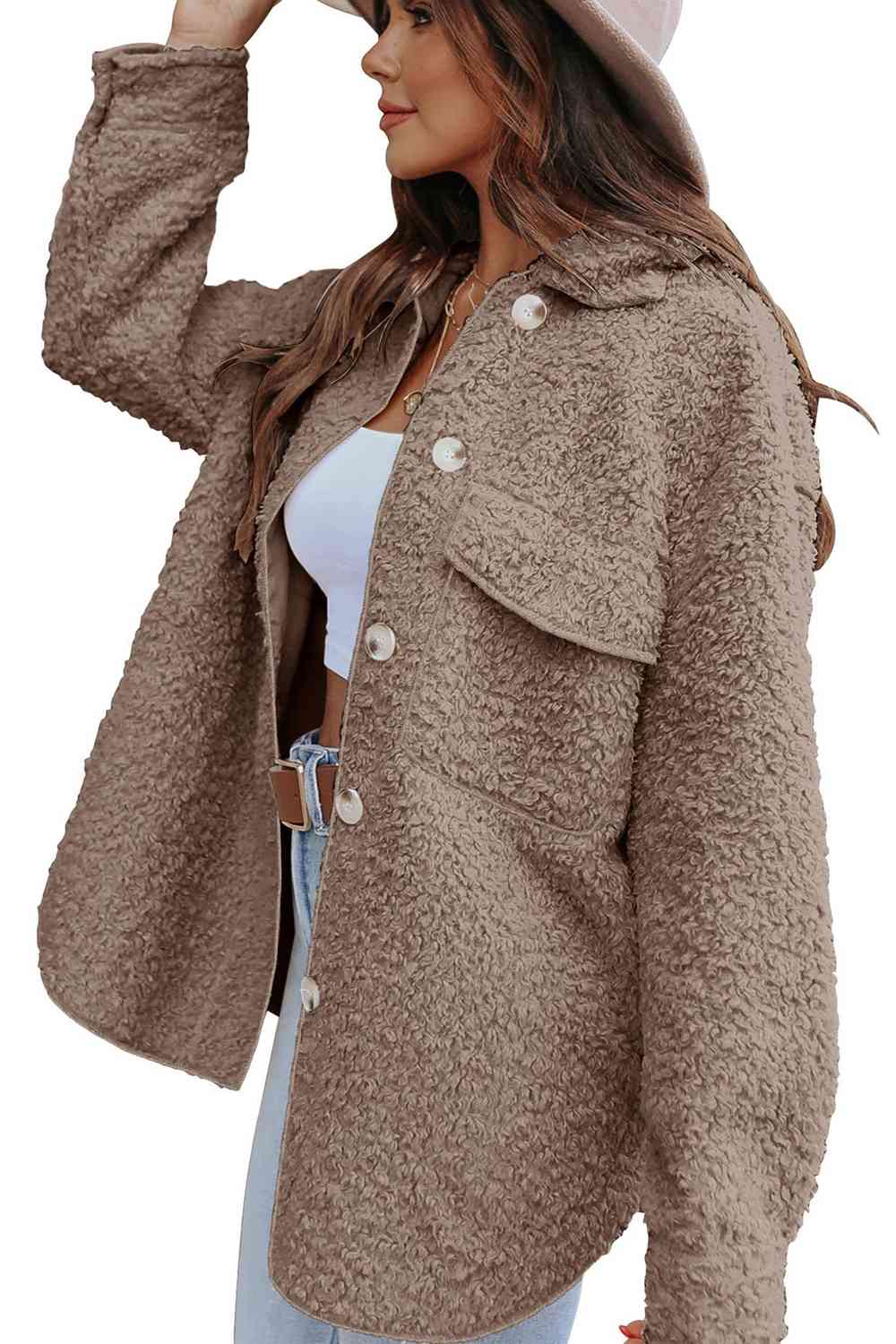 Collared Neck Button Front Sherpa Coat with Pocket