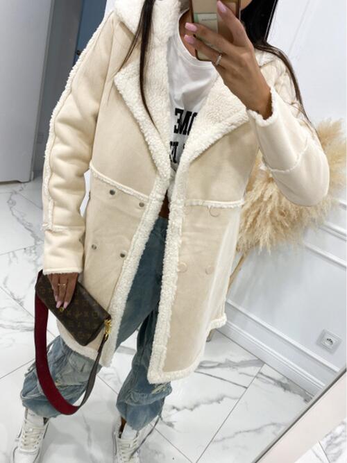 Lapel Collar Exposed Seam Buttoned  Sherpa Coat