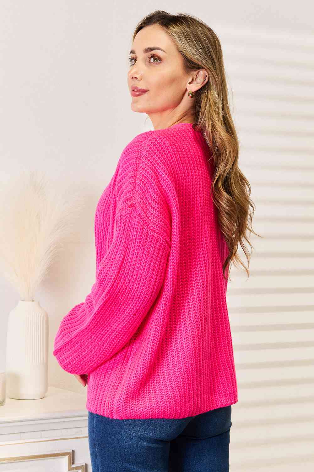 Woven Right Rib-Knit Open Front Drop Shoulder Cardigan